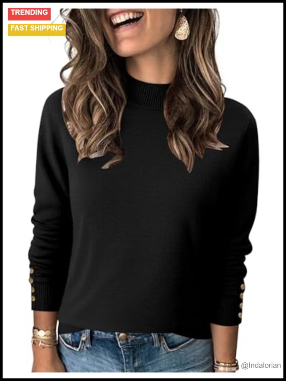 Mock Neck Sweater Womens Long Sleeve Knit Pullover Button Cuffs Fall